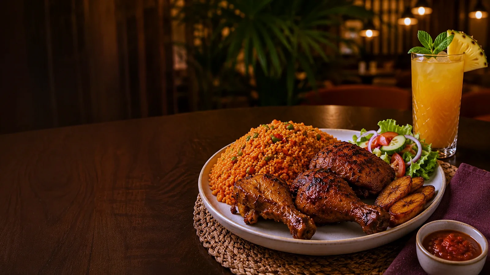 Y06 signature grilled platter with jollof and a chilled drink